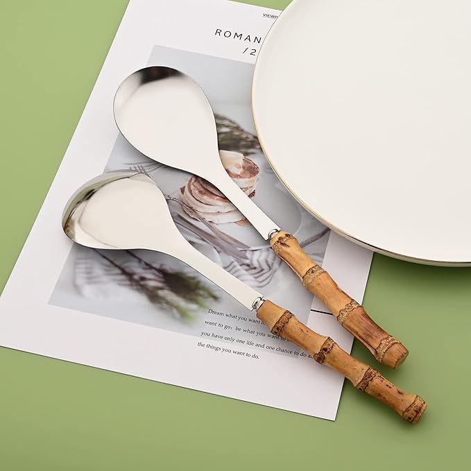 Salad Servers - 10.0 inch Serving Spoons and Forks Set of 6 - Include 3 Large Spoon and 3 Large Fork - Silver Stainless Steel Serving Utensils with Bamboo Handle