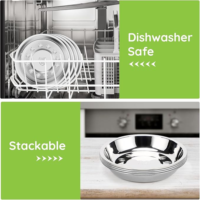 8 Patterned Deep Stainless Steel Plates, 7.8 inch 304(18/8) Metal Camping Plate, Reusable Food Serving Snack Eating Dishes Round Shatterproof Silver BBQ Dinner Dinnerware Oven Dishwasher Safe