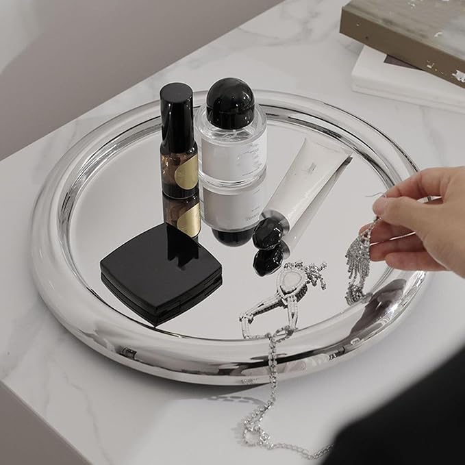 GOWENIC Stainless Steel Decorative Tray, Round Silver Serving Trays, Circular Metal Platter, Cocktail Serving Bar Tray, Decorative Metal Display for Coffee Table, Bar, Party, (L)