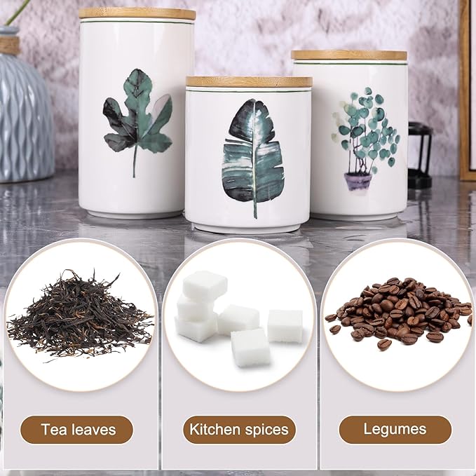 Ceramic Canister Set for Kitchen Countertop - A Set of 3 Kitchen Canisters with Tiered Shelf, Airtight Countertop Flour and Sugar Containers, Coffee and Tea Storage (Green plants A)
