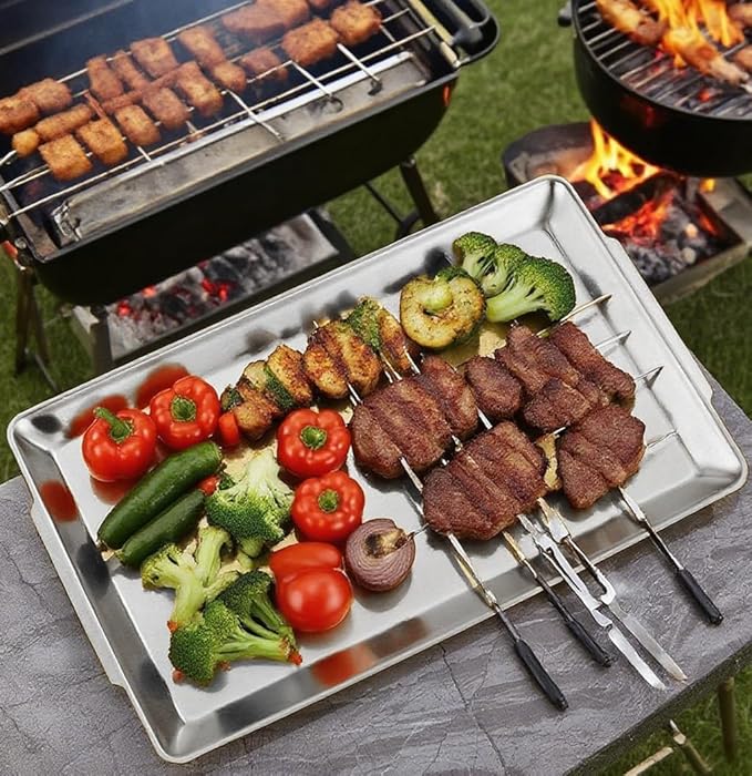 16.3" x 11" Large Serving Platters, Stainless Steel Heavy-Duty Large Serving Trays, Silver Rectangular Plates for Food, Fruit, Party, Wedding, Christmas, Chip and Scratch Resistant