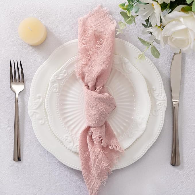 Socomi Set of 12 Linen Napkins Dusty Rose Easter Spring Cloth Napkins Washable Cotton Dinner Napkins Fringe 17"x17" for Wedding Party Bridal Baby Shower Birthday Table Decorations