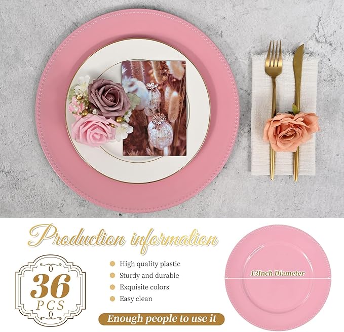 36 Pcs Pink Charger Plates, 13 Inch Round Plastic Chargers for Dinner Plates, Elegant Wedding Plate Charger Bulk, Reusable Chargers Serving Plates for Wedding Party Event Tabletop Decoration