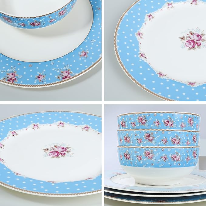 fanquare 12 Piece Blue Floral Dinnerware Set, Vintage Polka Dot Plates Bowls Set, Ceramic Tableware for Home Party, Microwave & Dishwasher Safe