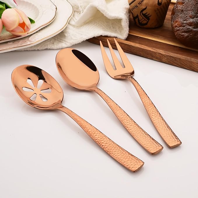 6 PCS Hammered Serving Utensils, Uniturcky Stainless Steel Serving Spoons Set, Square and Thick Hostess Serving Set, Includes 2 Serving Spoon 2 Serving Fork and 2 Slotted Spoon, Mirror Rose