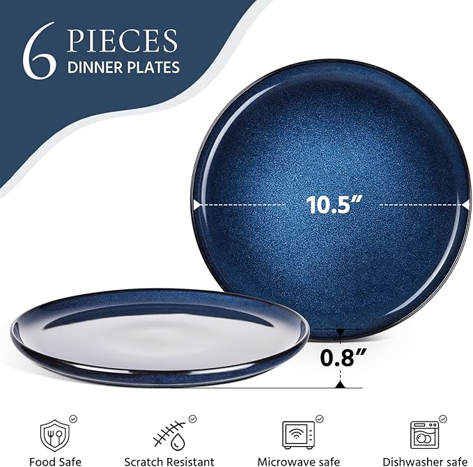 E-far 10.5” Ceramic Dinner Plates Set of 6, Large Reactive Glaze Stoneware Dishes, Round Salad Plate for Home Kitchen Restaurant, Microwave & Dishwasher Safe – Deep Sea Blue