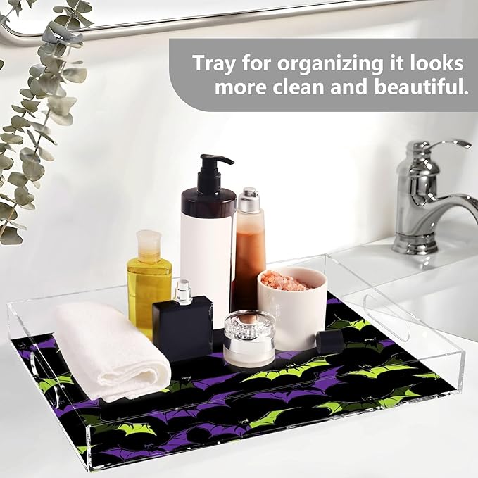 Serving Tray with Handles Clear Acrylic Tray 12x16 Inch Decorative Rectangular Tray Organizer for Ottoman Coffee Table Bathroom Halloween Bats Black