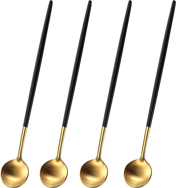 7.95 Inches Satin Gold SS18/10 Long Stirring Spoons With Black Handle,Elegant Iced Tea Spoons,Long Handle Mixing Spoons For Coffee,Cocktail,Ice Cream,Milk