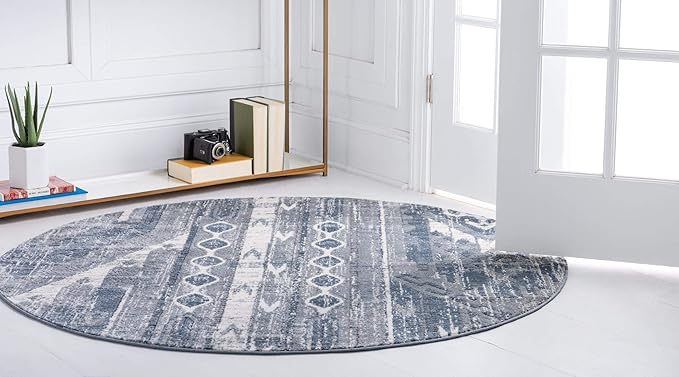Rugs.com Oregon Collection Rug – 7 Ft Round Light Slate Blue Low-Pile Rug Perfect for Kitchens, Dining Rooms