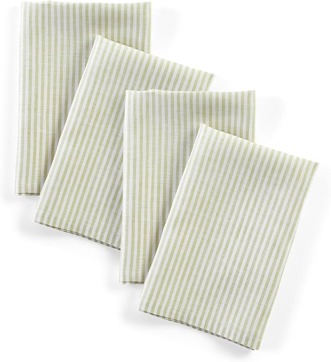 Solino Home Linen Cloth Napkins Set of 4-100% Pure Linen Sage and White Striped Dinner Napkins 20 x 20 Inch for Christmas, New Year - Narrow Stripe, Handcrafted and Machine Washable