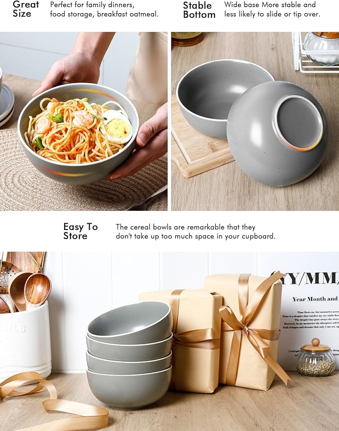 AISBUGUR Cereal Bowl, Ceramic Bowls Set of 4, 26oz Large Soup Bowls for Kitchen Dishwasher & Microwave Safe, Perfect for Cereal, Soup, Oatmeal, Salad, Pasta, Dessert, Rice, Matte Gray
