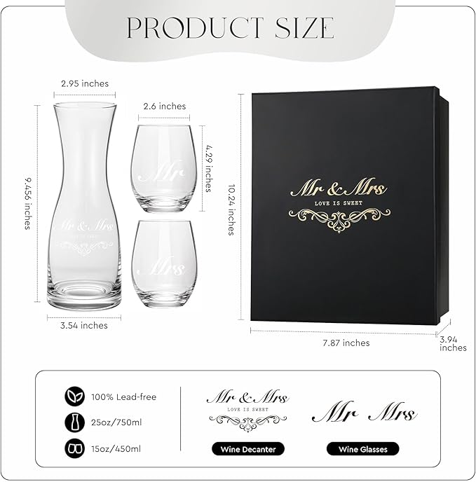 AW BRIDAL Engagement Gifts for Couples 2025, Mr and Mrs Wine Glasses with Decanter Set for Anniversary Christmas, Wedding Gift for Newly Engaged Couple, Bridal Shower Gift for Bride to Be