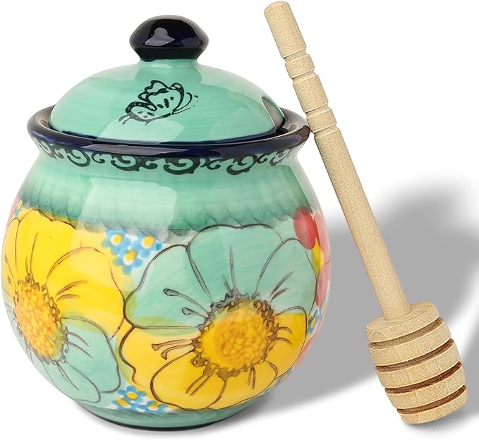 silesia Handmade Ceramic Honey Jar with Lid, 8 oz Floral Design Honey Pot with Dipper, Hand-Painted Honey Containers for Honey, Jam, or Syrup, Dishwasher Safe (Flowers Green)