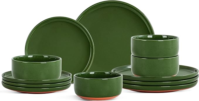 Plates and Bowls Sets, 12 Piece Ceramic Dinnerware Set for Family and Gatherings,Dishes Set for 4,Dishwasher & Microwave Safe, Handcrafted Dishware Sets，Elegant Green