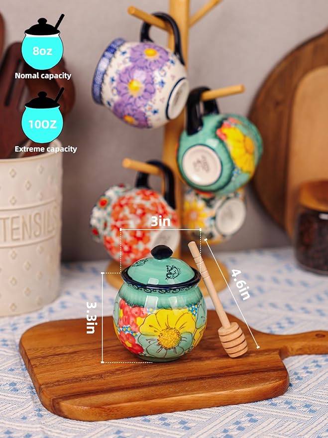 silesia Handmade Ceramic Honey Jar with Lid, 8 oz Floral Design Honey Pot with Dipper, Hand-Painted Honey Containers for Honey, Jam, or Syrup, Dishwasher Safe (Flowers Green)