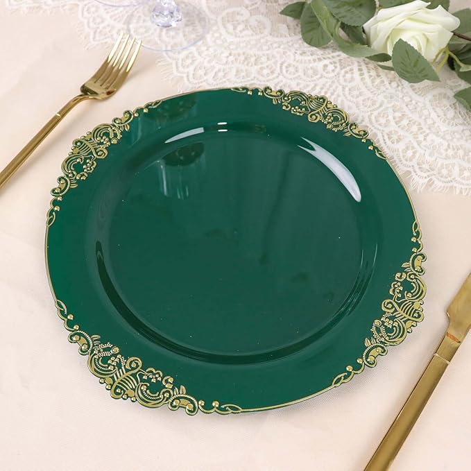 10" Dinner Plates -Set of 30 - Plastic Hunter Green Round Baroque Disposable Chargers Leaf Embossed Rim, Ideal for Dinner Party Wedding Bulk Events