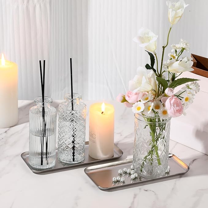 Vesici 12 Pcs 7.87 x 3.35 inches Small Silver Tray Bulk, Stainless Steel Rectangle Serving Trays Trinket Decorative Bathroom Tray for Vanity Jewelry Makeup Towel, Dish Plate Tea Fruit Storage Platter
