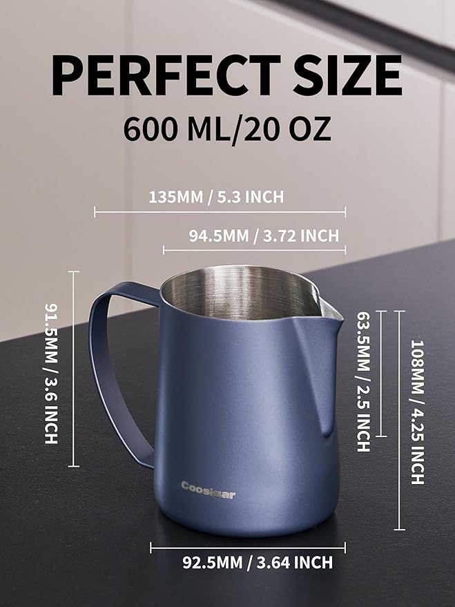 Milk Frothing Pitcher 600ml/20oz,304 Stainless steel Espresso Steaming Pitcher,milk frother cup,Milk Jug Cup,Latte Art(Blue)