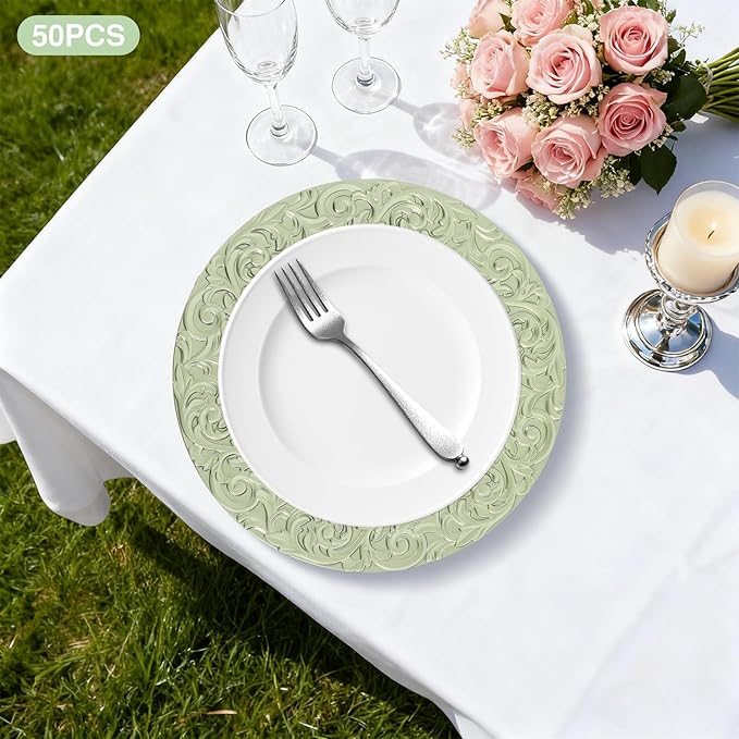 50 Pcs Antique Charger Plates Bulk Round Plastic Dinner Plate Embossed Rim Server Plate Decorative Chargers Floral Plates for Dinner Parties Wedding,13 Inch (green-50pcs)