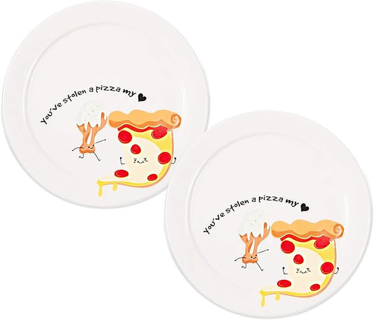 Pavilion Gift Company Pavilion-You've Stolen A Pizza My Heart-7.25 Inch Pizza & Wings Ceramic Appetizer Plates Set of 2, White