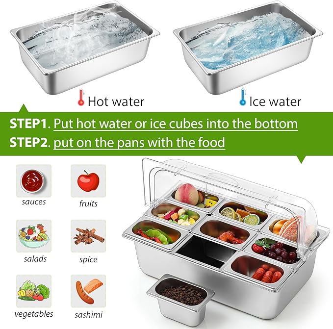 Countertop Food Serving Display Container and Clear Roll Top Cover Stainless Steel Food Serving Tray Buffet Condiment Dispenser Display Rack for Restaurant Hotel Kitchen Party (9 Pan)