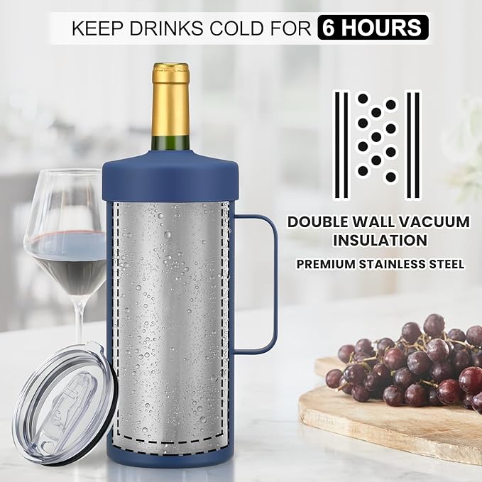 MAXSO 42oz Wine Chiller Iceless Cooler Tumbler - Gift for Wine Lovers, 2-IN-1 Stainless Steel Vacuum Insulated Bucket Portable Mug Cup Wine Accessory Keep Cold, Fit Most 750ml Wine & Champagnes, Blue