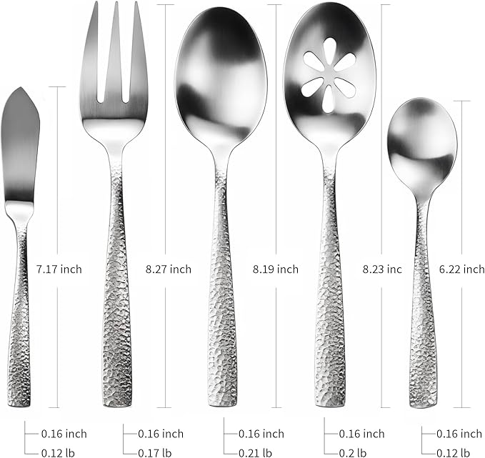 Stainless Steel Silverware Serving Set Hammered Silver Matte Finished 5 Piece Serving Utensil Set Flatware Set