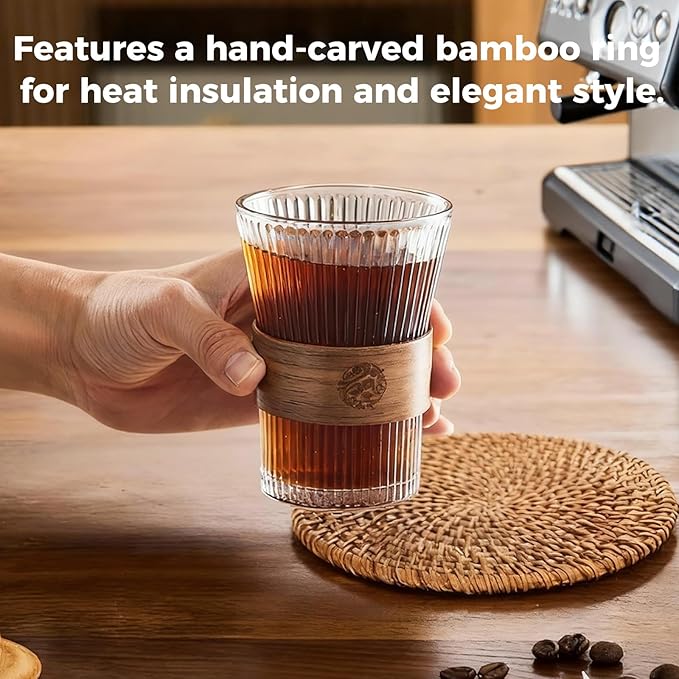 RDLBBS 2PCS Glass Coffee Mug 9oz with Bamboo Sleeve,Espresso Cups Drinking Cup set, Home Essential Glass Tumblers for Beer, Cocktail, Tea and Latte Clear