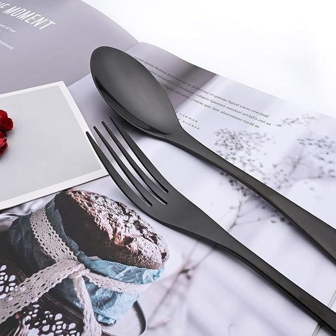 Black Tableware 20Pcs Mirror Polished 18/10 Stainless Steel Luxury Flatware - Heavy Cutlery Set Service For 4 Include Knives/Forks/Spoons/Salad Fork/Teaspoon, Dishwasher Safe