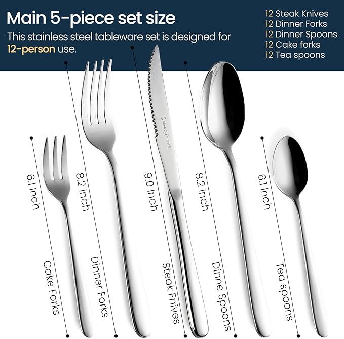 GRANDMEISTER 75-Piece 18/10 Stainless Steel Silverware Set with Gift Carrying Case, 3.0MM Thick, Elegant Design, Serves Parties 12 people, Mirror Polished, Dishwasher Safe Cutlery Set