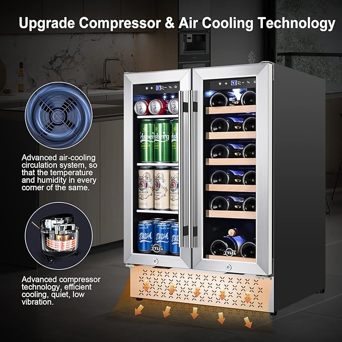 Tylza Wine and Beverage Refrigerator, 24 Inch Dual Zone Wine Fridge, Holds 20 Bottles and 88 Cans, French Doors, Lock, Under-counter or Freestanding Wine Cooler, Beverage Fridge with Tempered Glass