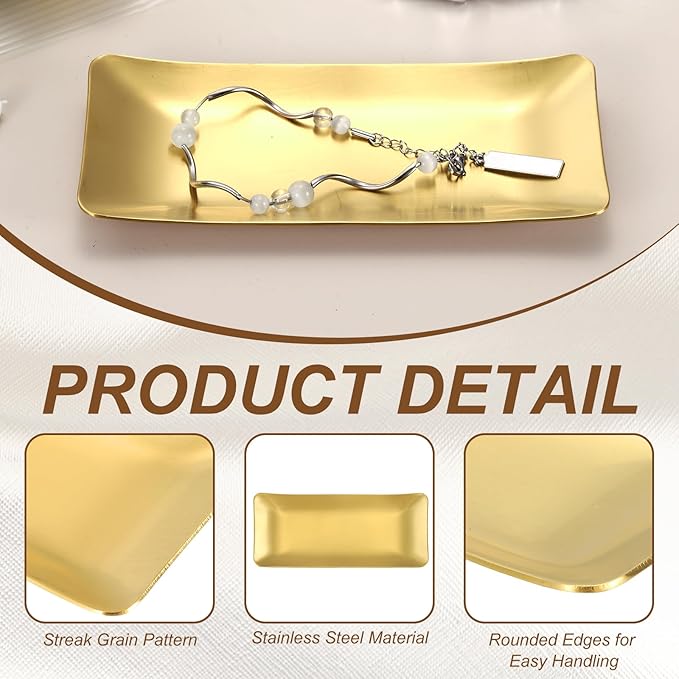uxcell Decorative Tray, 5.7x2.6 Stainless Steel Rectangular Frosted Serving Tray for Dessert Napkin Towel Candle Jewelry Bathroom Platter, Stackable, Gold