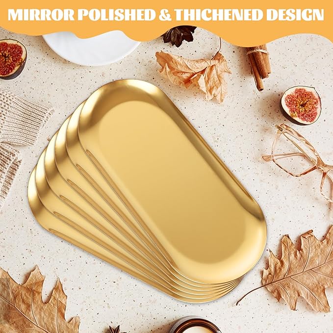 6PCS Stainless Steel Serving Tray Set Gold Platters for Serving Food Small Metal Tray Decorative 9" Long Plate Oval Storage Tray Thickened Serving Dishes for Entertain Party Buffet Sushi Snack