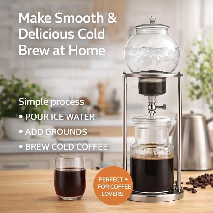 Nispira Luxury Ice Cold Brew Dripper Coffee Maker in Stainless Steel and Borosilicate Glass, 1000 ml Silver