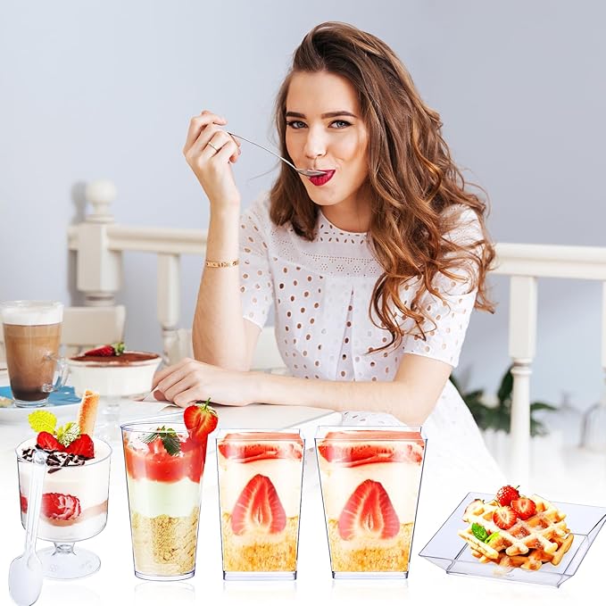 Tanlade 250 Pcs Mini Dessert Cups with Spoons Clear Plastic Plates 5 oz and 3 oz Square Parfait Appetizer Cups for Parties Round Shooter Disposable Dessert Containers for Serving Pudding Mousse
