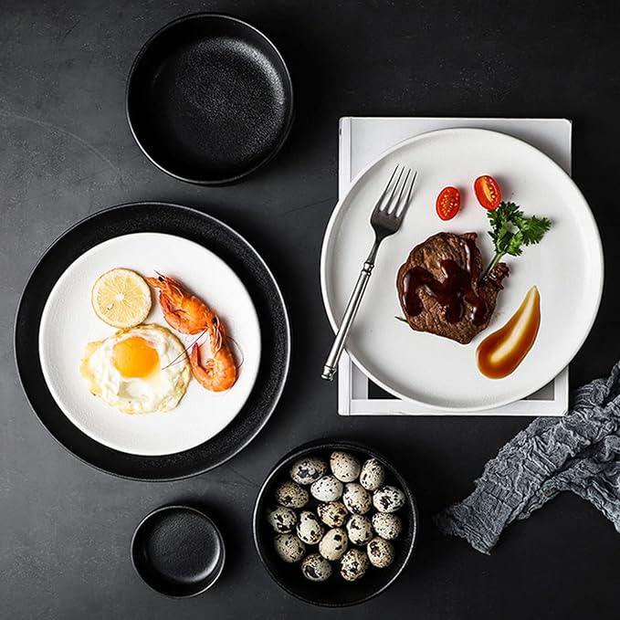 16-Piece Dinner Sets Black White Porcelain Dinnerware Set, Service for 4, Frosted Dinnerware, Kitchen Ceramic Dinsh Set - 4 X Dinner Plates/Salad Plate/Bowls/Taste Dish,