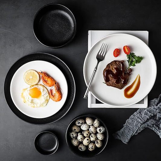16-Piece Dinner Sets Black White Porcelain Dinnerware Set, Service for 4, Frosted Dinnerware, Kitchen Ceramic Dinsh Set - 4 X Dinner Plates/Salad Plate/Bowls/Taste Dish,