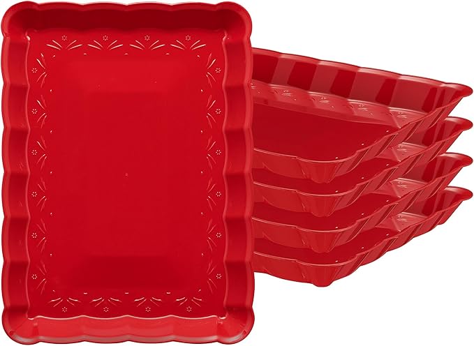 Plasticpro Plastic Serving Trays - Serving Platters Rectangle 9X13 Disposable Party Dish Includes 4 Red Christmas Trays
