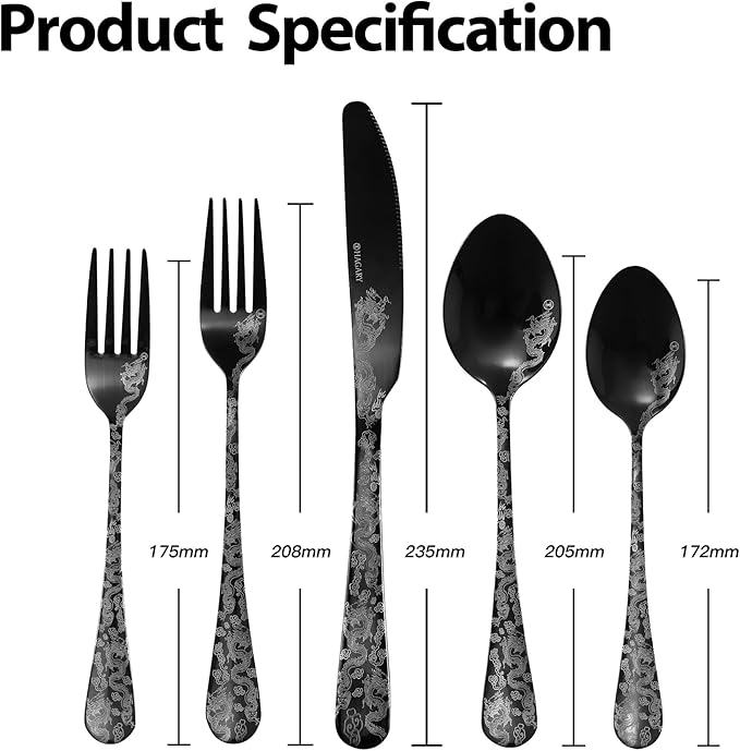 Hagary Dragon Cutlery Set 20 Pieces Stainless Steel Flatware Set Service for 4 Utensils For Home Kitchen Wedding Laser Engraved Dishwasher Safe Black