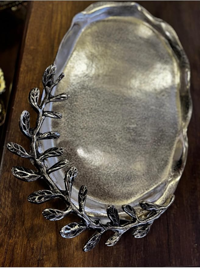 Oval Metal Cast Decorative Tray Silver Color, 16.1x10.2 Inch Serving Tray, Ottoman Style Coffee Table Tray for Home Decor and Parties - Silver, One Size