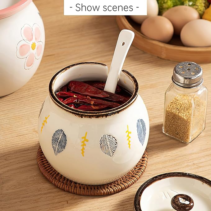 Ceramic Salt and Sugar Bowl, Porcelain Condiment Jars with Lid and Spoon, Seasoning Spice Pot Bowl, Salt Sugar Pepper Storage Jar, 400ml, Leaves
