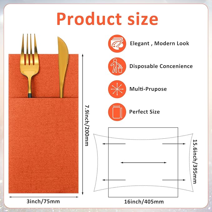 Cindeer 150 Pcs Orange Linen Dinner Feel Napkins with Built in Flatware Pocket Prefolded Paper Disposable Airlaid Guest Hand Towel for Silverware Wedding Reception Christmas Baby Shower