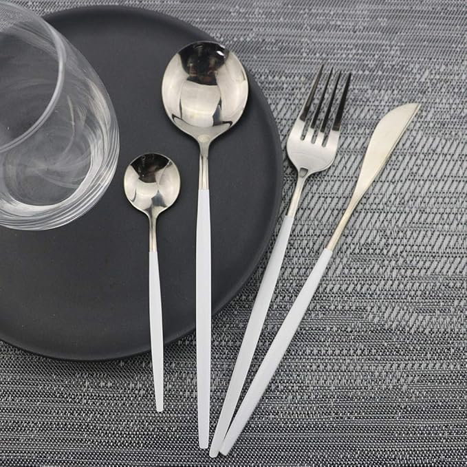 JASHII 24 Piece Titanium White Plated Stainless Steel Flatware Set, Flatware Set, Cutlery Set Service for 6 (White Handle, Shiny Silver)