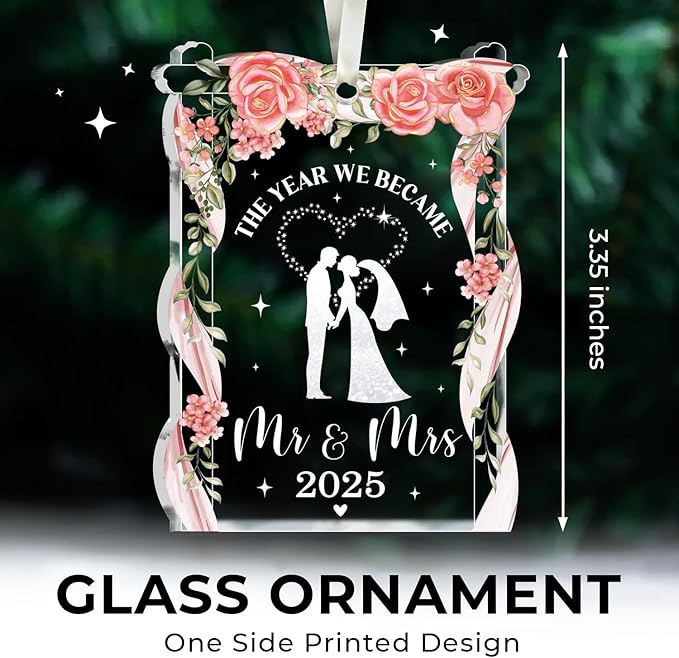 NewEleven Wedding Gifts - Mr and Mrs, Bridal Shower Decorations - Wedding Gifts for Couples 2025, Bride Gift for Friends - Just Married Glass 2025 Ornament