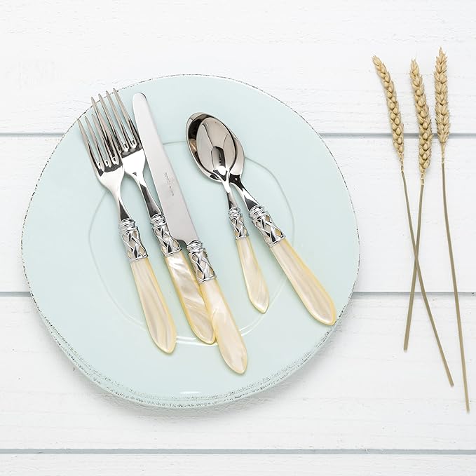 Vietri Aladdin Collection Italian Flatware 18/10 Stainless Steel Brilliant Finish Place Settings (Ivory)