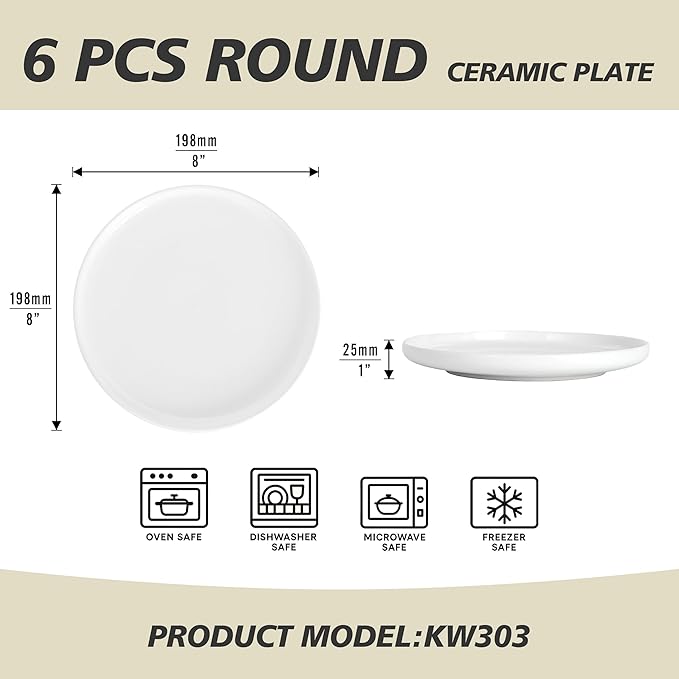 Ceramic Appetizer Plates Set of 6,White Dessert Plates 8 Inch,Small Dinner Plates,Modern Round Salad Plates,Porcelain Serving Dishes for Pasta,Snack,Bread,Dessert,Sushi Microwave & Dishwasher Safe