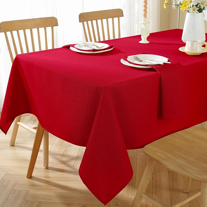 SASTYBALE Christmas Square Tablecloth Spill Proof Wrinkle Free Textured Fabric Table Cloth, Thick Faux Linen Card Table Cover for Xmas Dining, Holiday, Winter, Party (52 x 52 Inch Square, Red)
