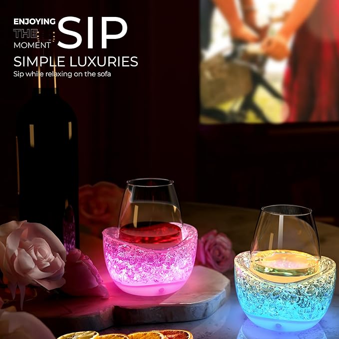 Wine Chiller for Glass Stemless Wine Glass Chiller Keeps Your Glasses of Vino Cold 10 Color Light Modes Separable Wine Essentials Accessories (Rose Pink)