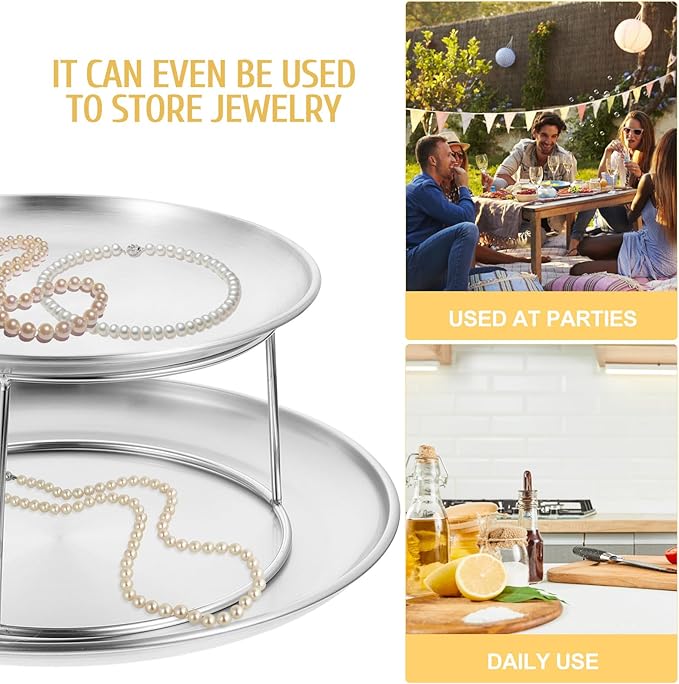 UPKOCH 2 Tier Stainless Steel Serving Tray Set, Metal Cupcake Stand & Seafood Platter for Party, Silver Round Dessert Display Plates for Afternoon Tea, Baby Shower