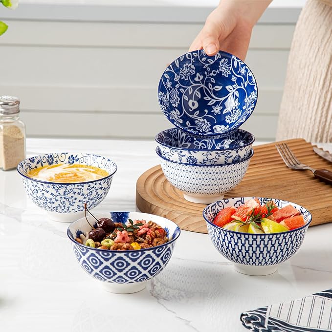 24 Pieces Ceramic Dinnerware - 12 Oz Dessert Bowls and 8.5 Inch Salad Plates and 24 Oz Cereal Bowls and 16 Oz Coffee Mugs Sets - Service for 6 - Vintage Blue